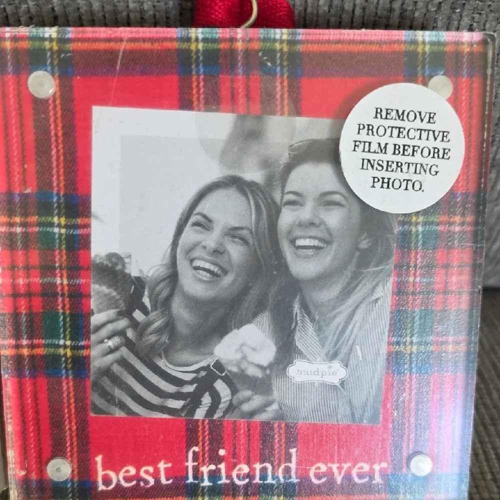Red Plaid Best Friend Photo Frame Ornament Set, New, 4×4 Inch By Mudpie